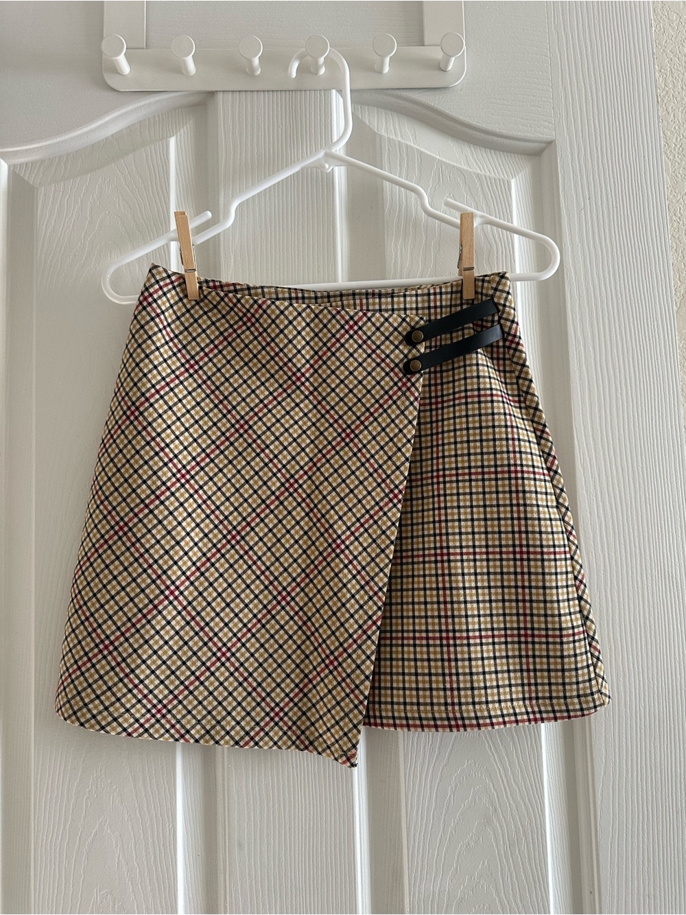 Plaid Wrap Mini Skirt in Beige with Black Trim